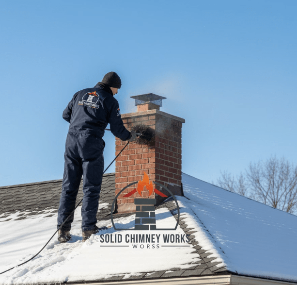 Professional chimney sweep technician working on a roof in Chicago